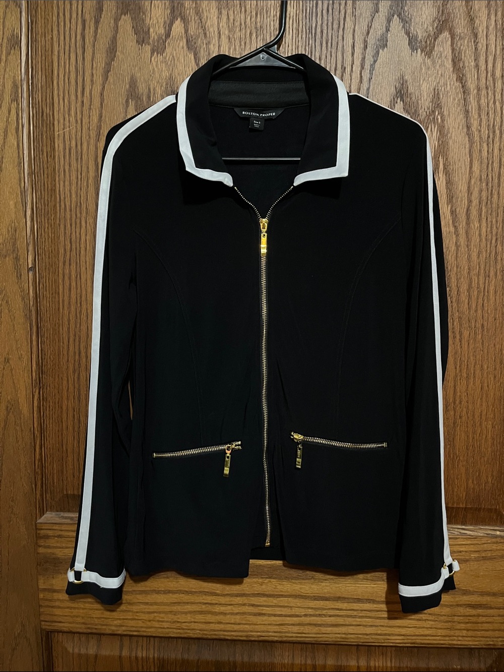 Boston Proper Black Zip Jacket with White Trim and Gold Zippers